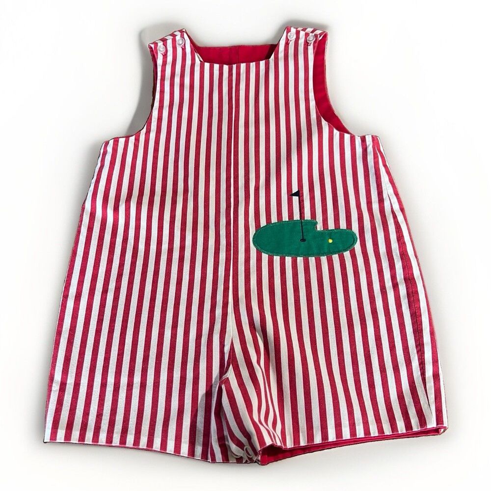 The Bailey Boys Red/White Striped Sleeveless Cotton Romper Embroidered golf 4t